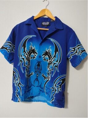 Men's Silver Point Blue & Black Dragon Print Casual Button Down Shirt M